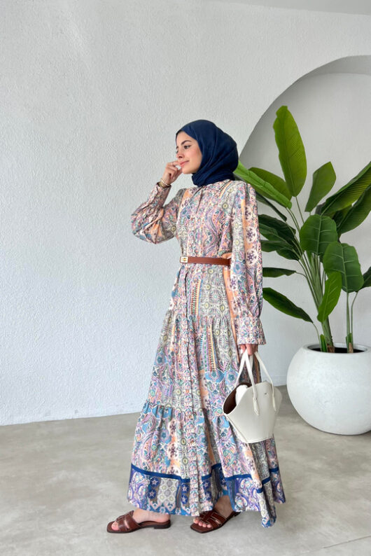 ROYAL DÜĞMELİ ETNİK DESEN ELBİSE